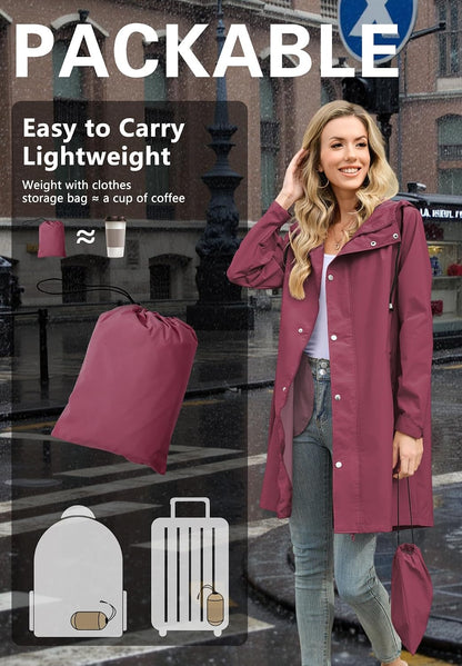 Zando Long Packable Rain Jacket Women Waterproof Raincoat with Hood