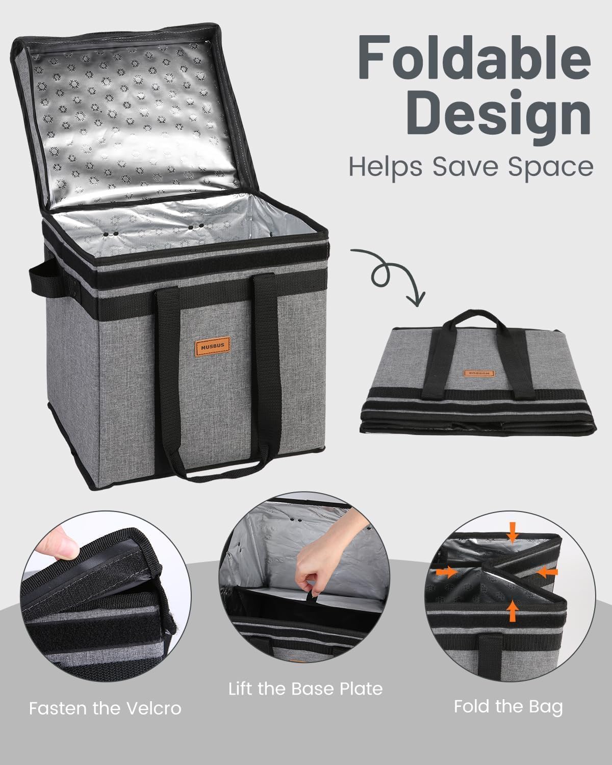Musbus 1 Pack Reusable Grocery Bags Insulated Tote with Lid – Foldable Cooler Bag Hook & Loop Closure, Thermal Lining, Reinforced Bottom, 30L Heavy Duty Box, Water-Resistant for Shopping Picnic Trunk