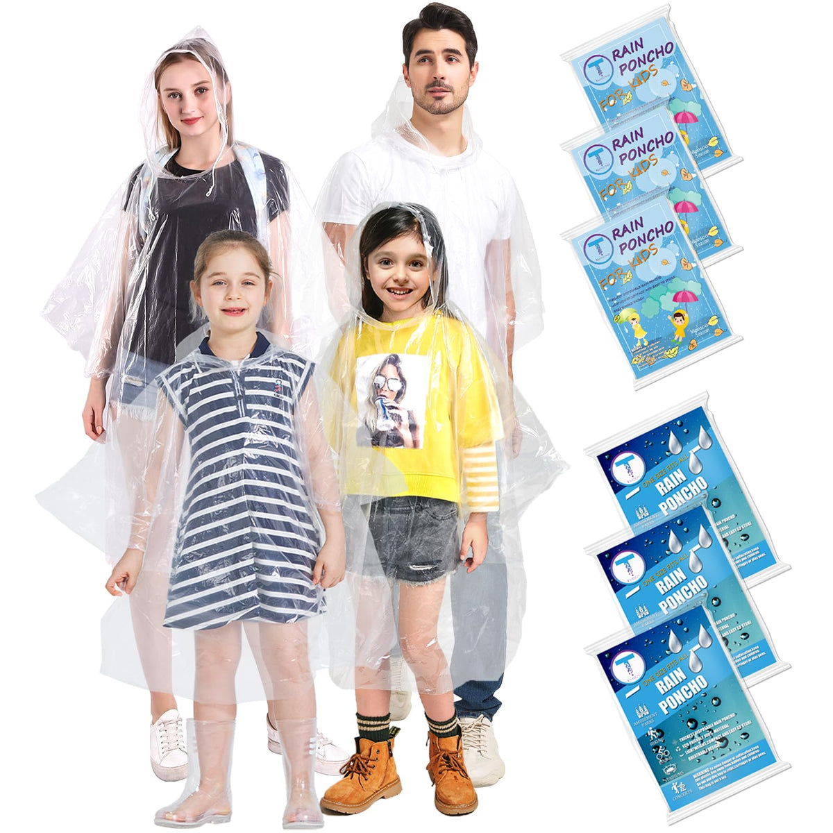 TUNCHMO Disposable Rain Ponchos for Adults & kids 6 Pack Extra Thick