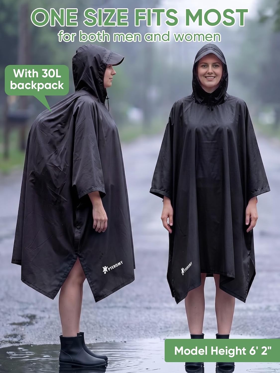 PTEROMY Hooded Rain Poncho for Adults, Reusable Waterproof Raincoat