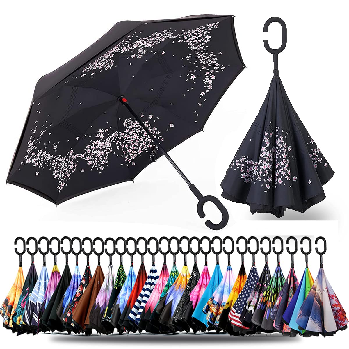 SIEPASA 49/56 Inch Inverted Reverse Upside Down Umbrella, Extra Large Double Canopy Vented Windproof Waterproof Stick Golf Umbrellas with C-shape Handle.