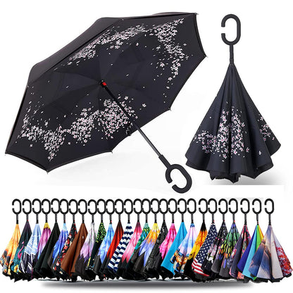 SIEPASA 49/56 Inch Inverted Reverse Upside Down Umbrella, Extra Large Double Canopy Vented Windproof Waterproof Stick Golf Umbrellas with C-shape Handle.