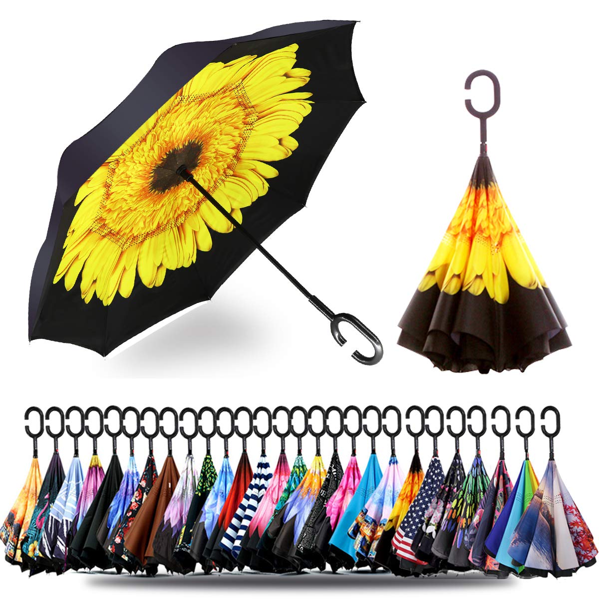 SIEPASA 49/56 Inch Inverted Reverse Upside Down Umbrella, Extra Large Double Canopy Vented Windproof Waterproof Stick Golf Umbrellas with C-shape Handle.