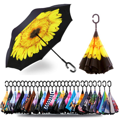 SIEPASA 49/56 Inch Inverted Reverse Upside Down Umbrella, Extra Large Double Canopy Vented Windproof Waterproof Stick Golf Umbrellas with C-shape Handle.