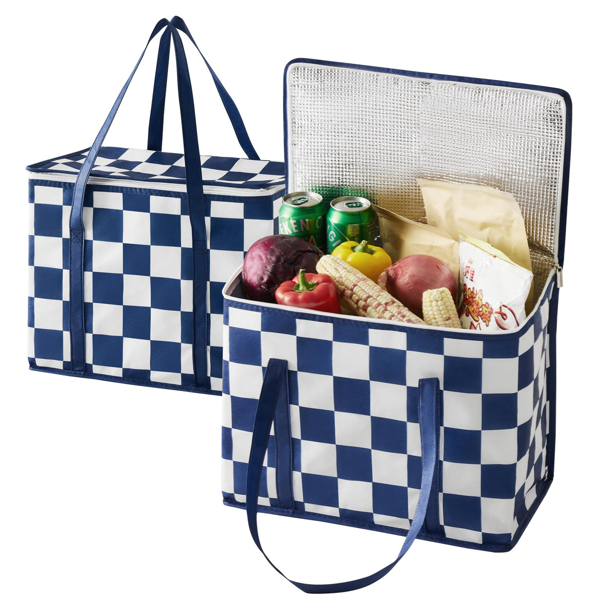 Ohocut Beige Checkered Insulated Grocery Bags 2 Pack, Checkerboard Cooler Shopping Bags for Groceries, Insulated Bags for Food Delivery