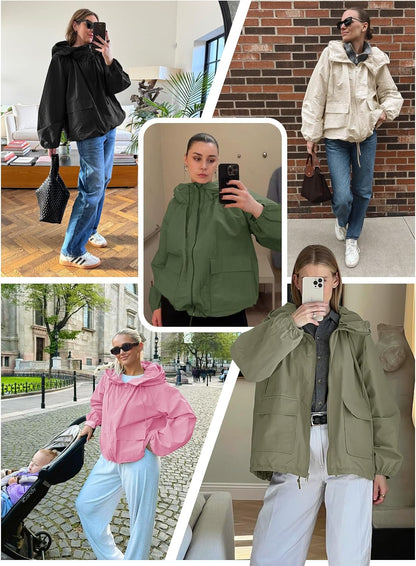 Fisoew Womens Oversized Lightweight Jacket Hooded Trench Coat Windbreaker Waterproof Raincoat With Pockets for Outdoor