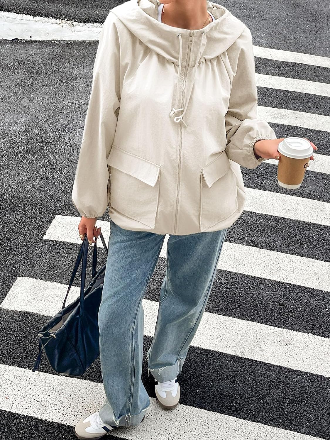 Fisoew Womens Oversized Lightweight Jacket Hooded Trench Coat Windbreaker Waterproof Raincoat With Pockets for Outdoor