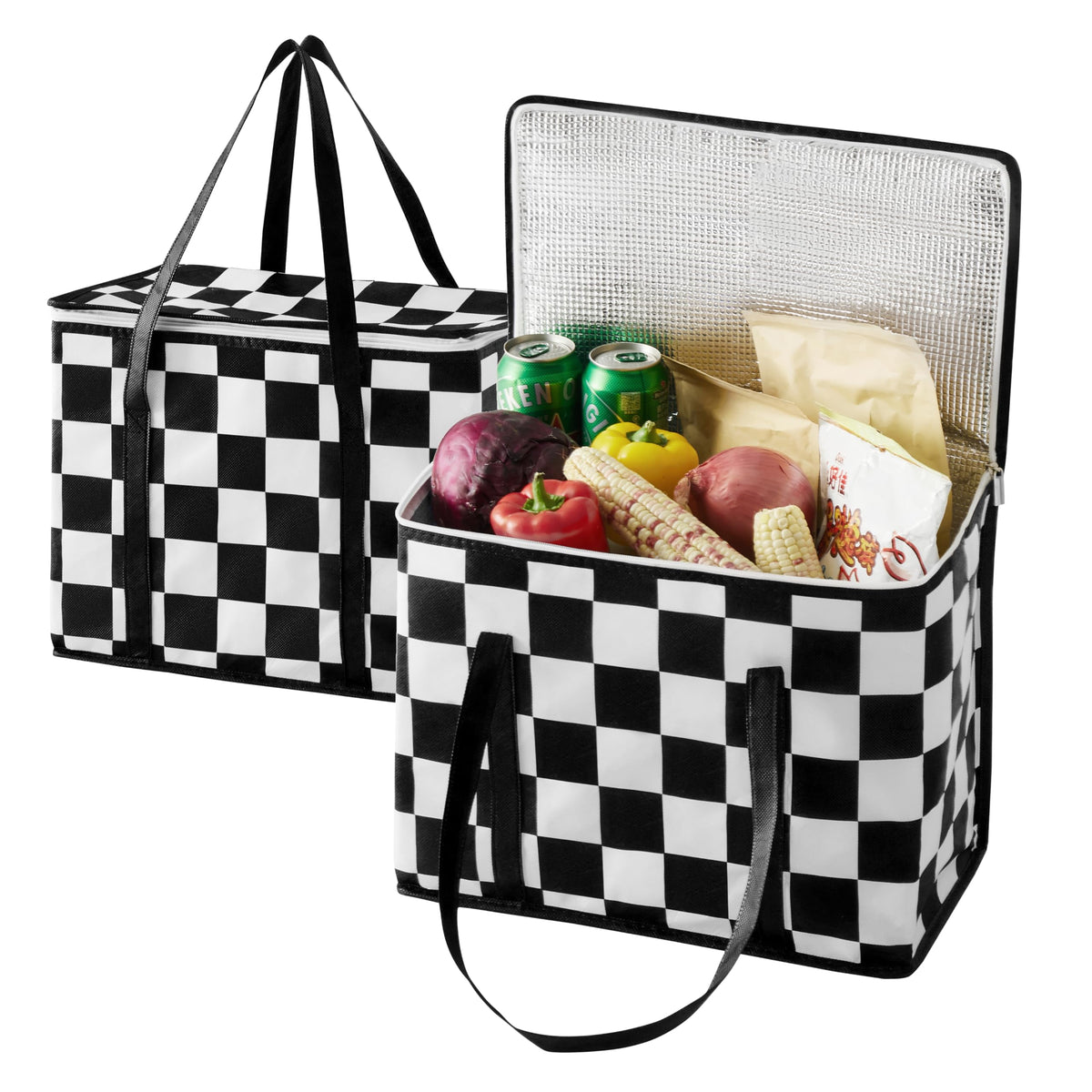 Ohocut Beige Checkered Insulated Grocery Bags 2 Pack, Checkerboard Cooler Shopping Bags for Groceries, Insulated Bags for Food Delivery