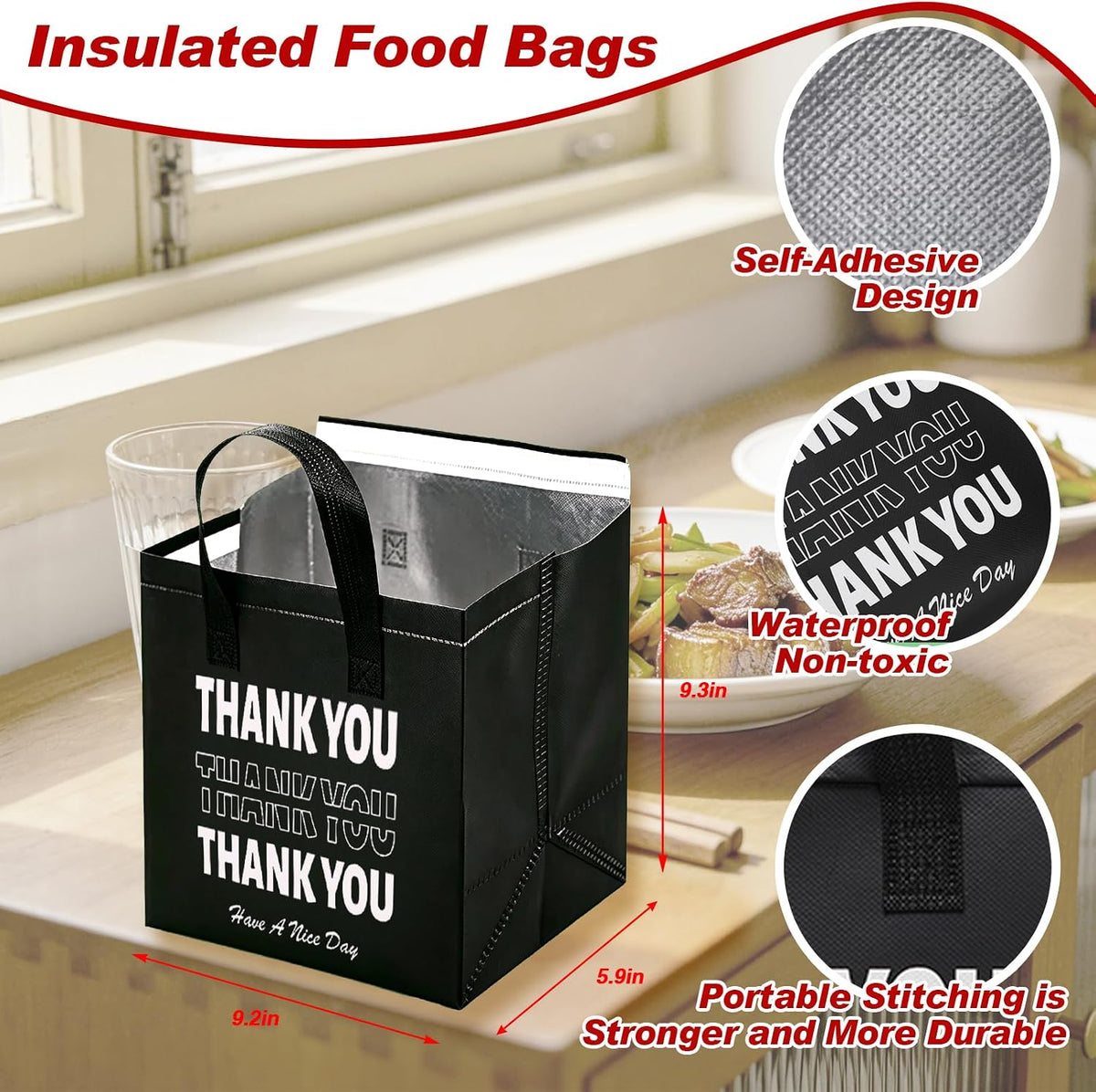 80 Pcs Thank You Insulated Bags for Food Delivery Bulk Insulated Take Away Bags Bulk Thermal Bagss for Cold and Hot Food for Pizza Milk Seafood Coffee Catering Restaurant Grocery 9. 5 x 9. 5 x 6 Inch