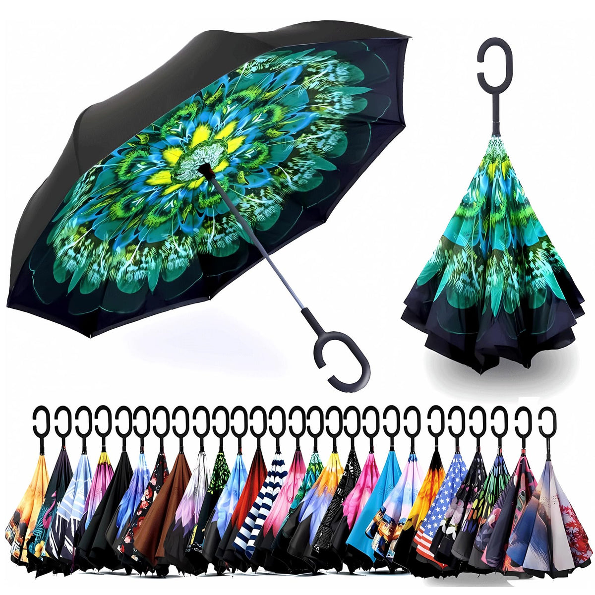 SIEPASA 49/56 Inch Inverted Reverse Upside Down Umbrella, Extra Large Double Canopy Vented Windproof Waterproof Stick Golf Umbrellas with C-shape Handle.