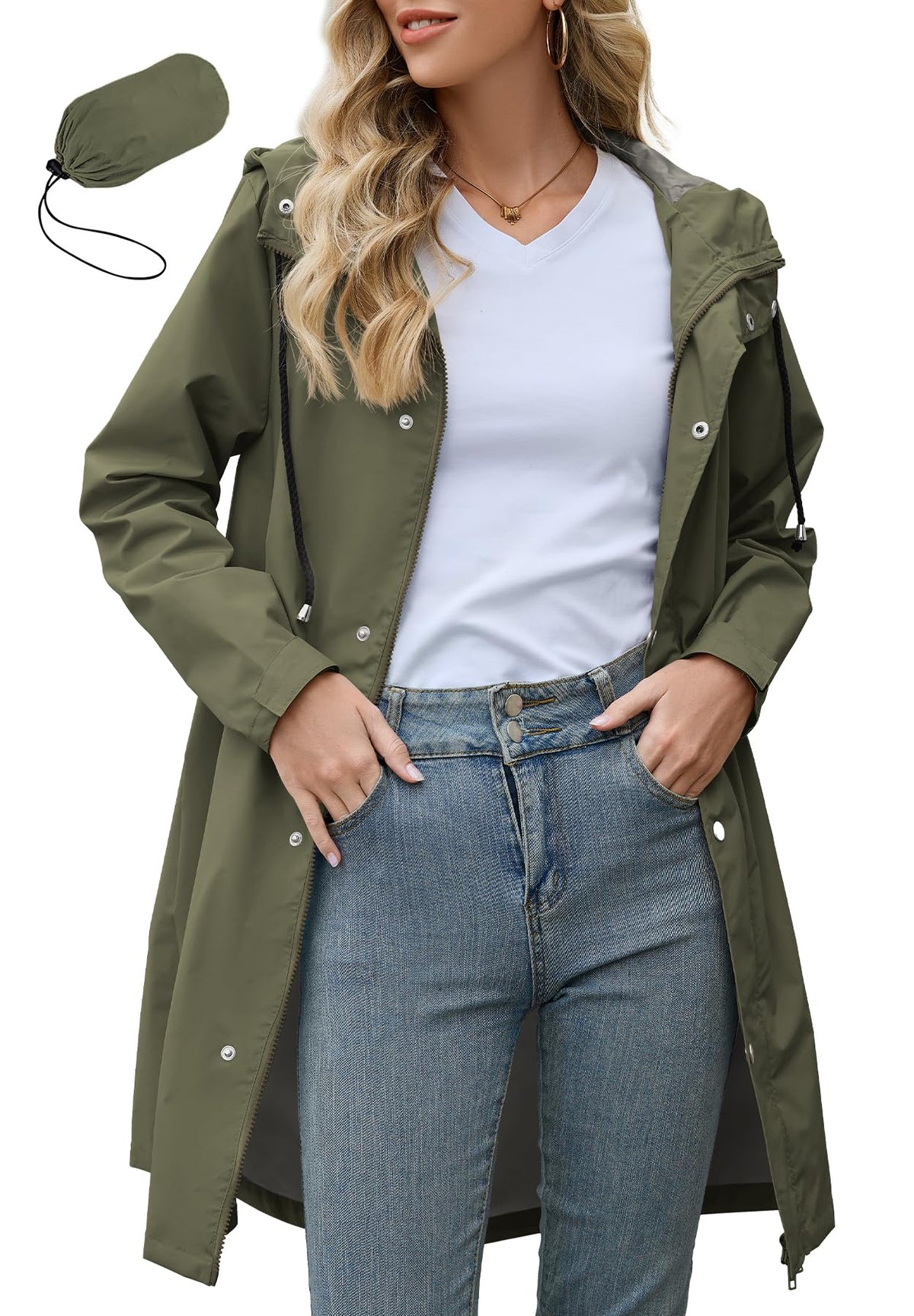Zando Long Packable Rain Jacket Women Waterproof Raincoat with Hood