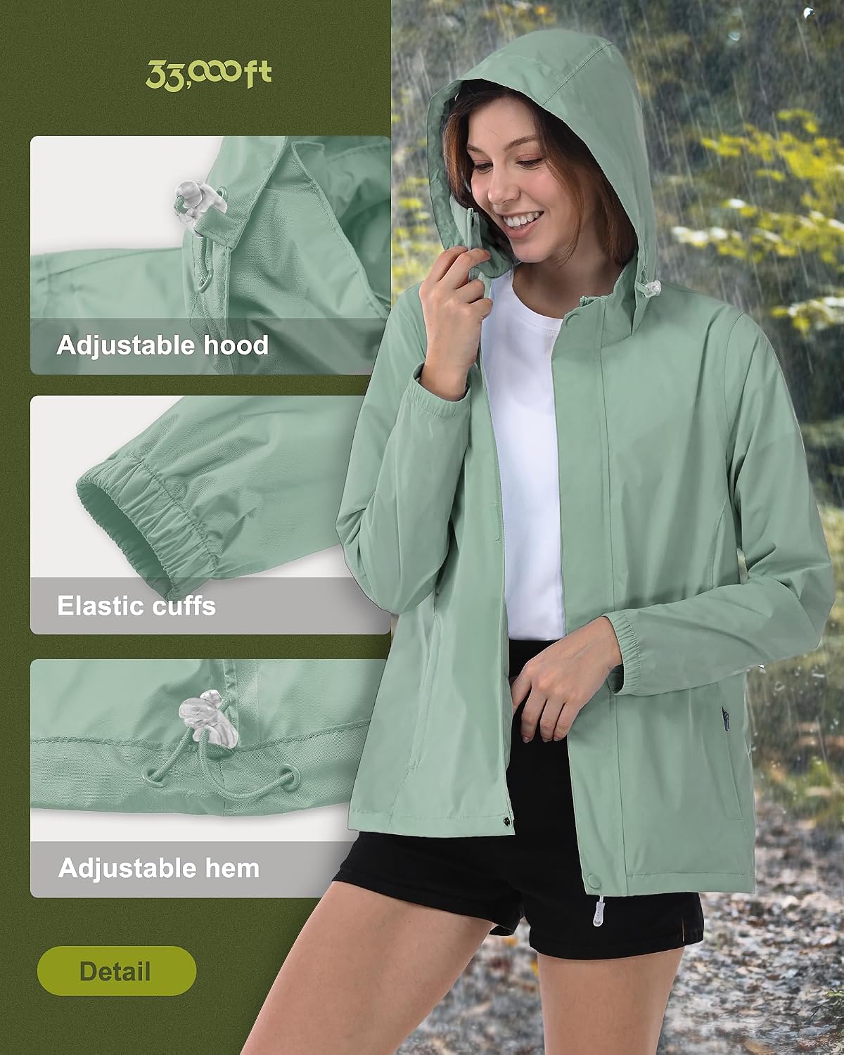 33,000ft Women's Rain Jacket Waterproof Lightweight Packable Raincoat