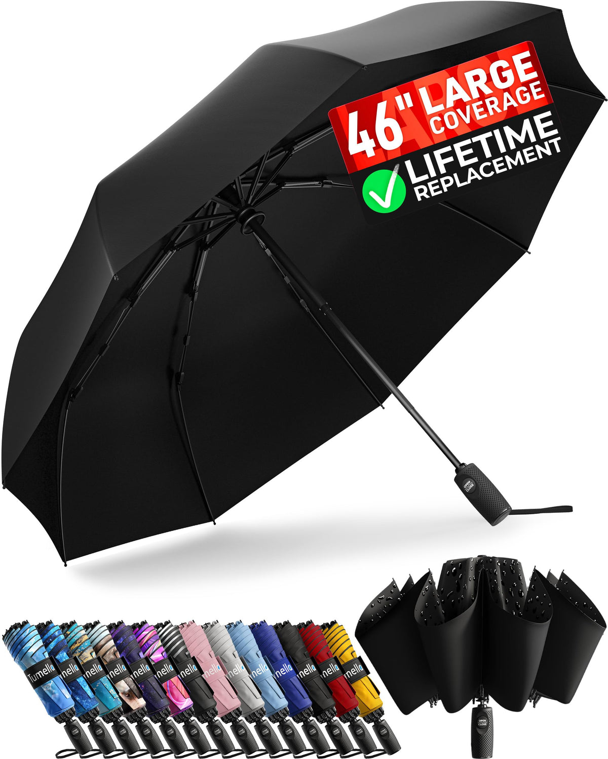 TUMELLA Reverse Folding Windproof Umbrella, Large 46", Strong & Light