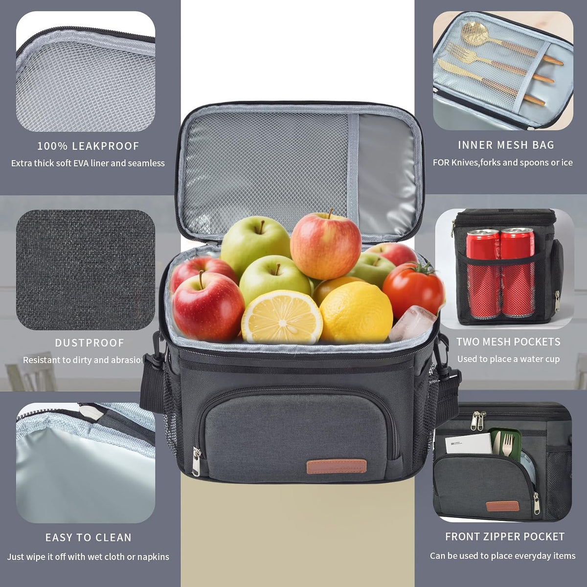 ExtraCharm Insulated Lunch Bag for Women/Men - Reusable Lunch Box for Office Picnic Hiking Beach - Leakproof Cooler Tote Bag Organizer with Adjustable Shoulder Strap for Adults - Black