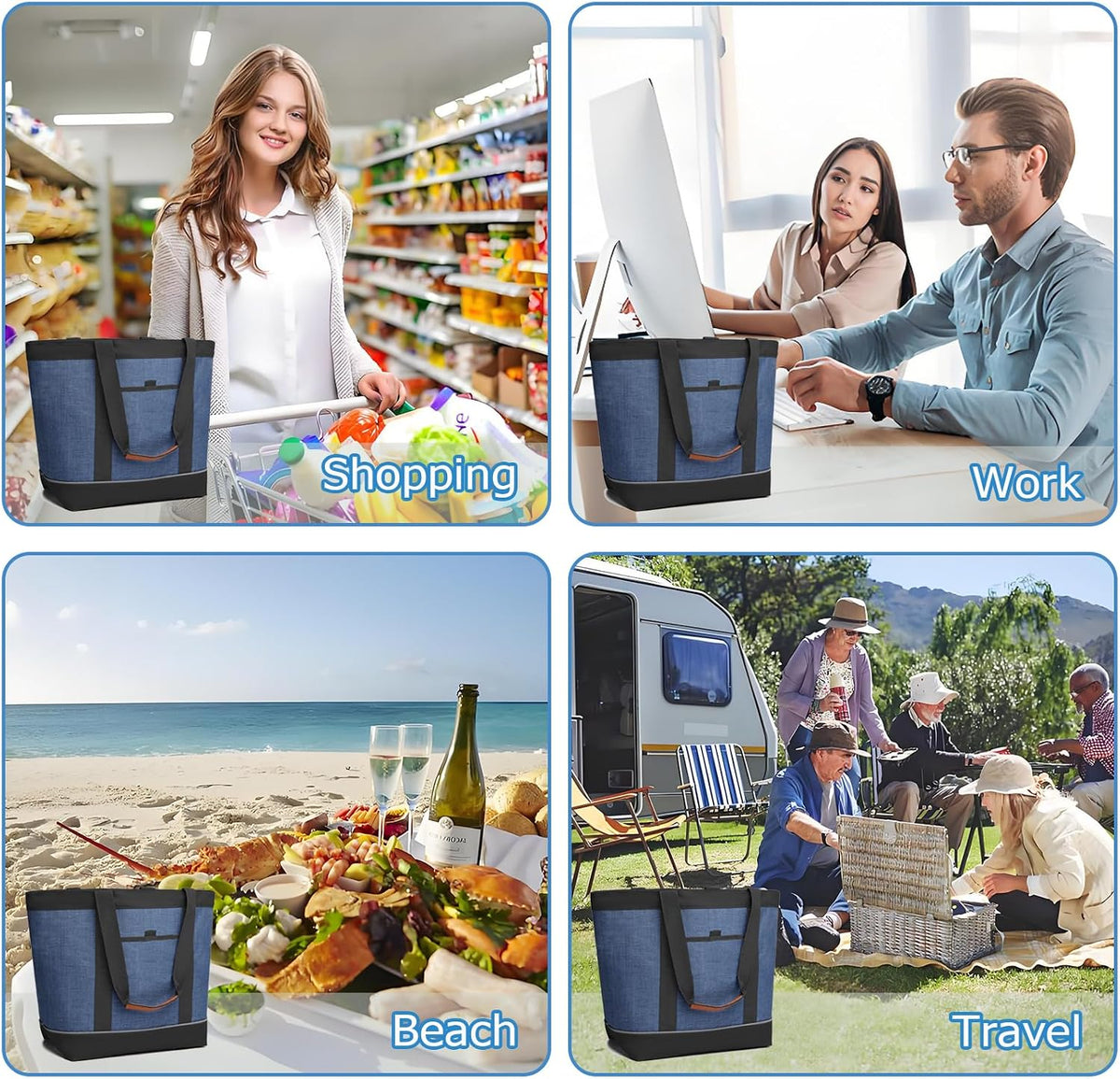 Insulated Cooler Bag, Reusable Grocery Tote Bags for Hot/Cold, Leakproof Thermal Food Delivery Bag for Shopping, Beach, Travel, Picnics