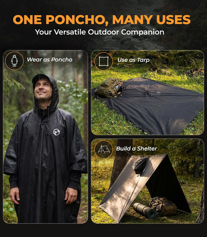 Foxelli Extra Long Rain Poncho for Tall Adults, Reusable Waterproof Hooded