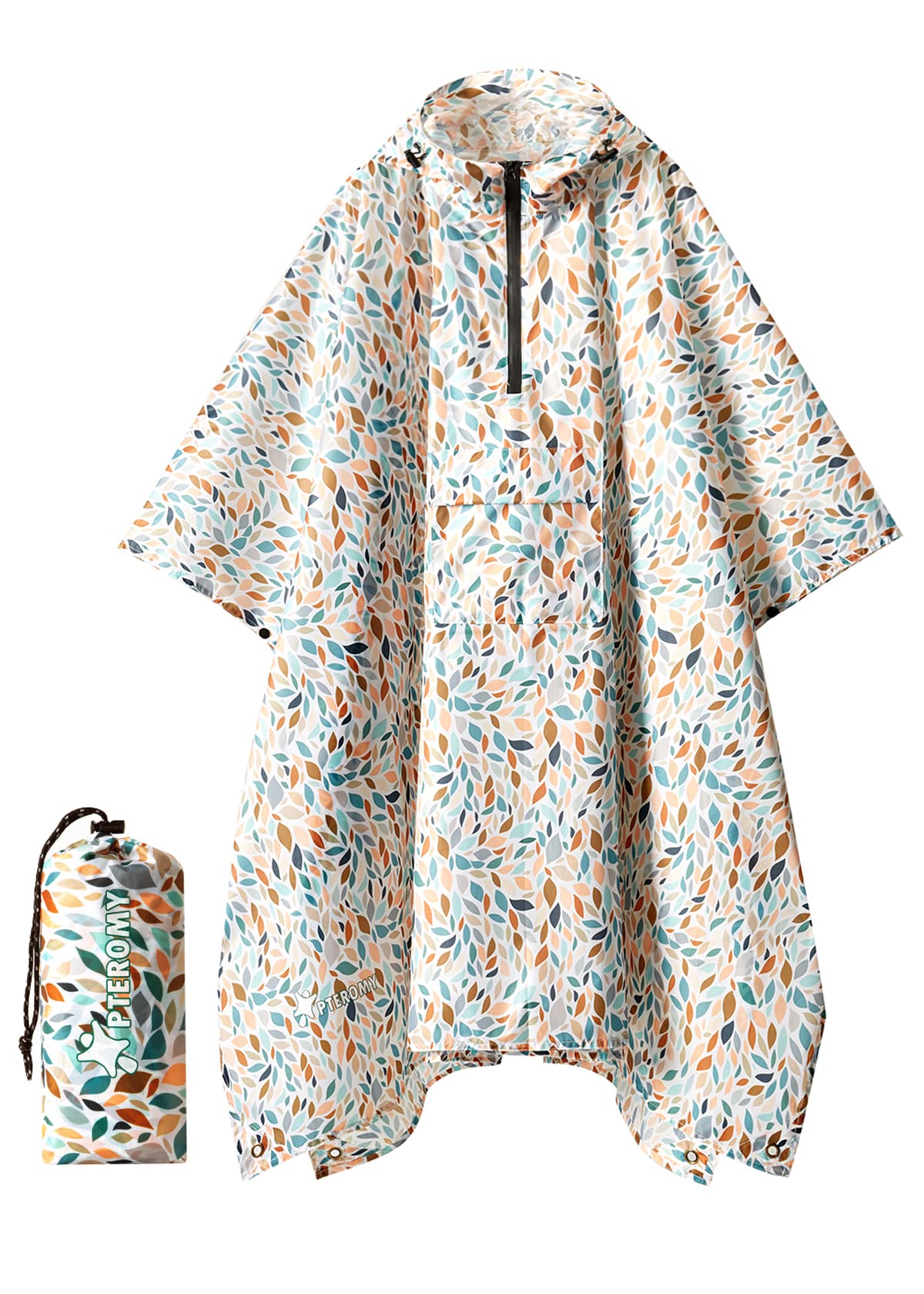 PTEROMY Hooded Rain Poncho for Adults, Reusable Waterproof Raincoat