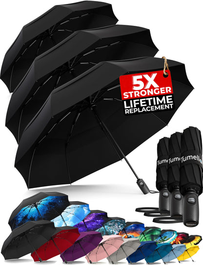 TUMELLA Strongest Windproof Travel Umbrella (Compact, 100MPH Wind-Tested), Light, Portable, One-Handed Use, Automatic Folding Rain Umbrella, Durable, Premium Grip, Fits Car & Backpack