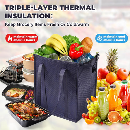 Teenyyou 3 Pcs XL-large Cooler Insulated Reusable Grocery Bags with Zippered Top & Handle—Foldable, Thermal, Cooler Tote Shopping Bags(Navy Blue)