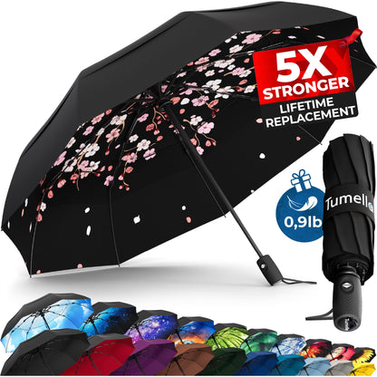 TUMELLA Strongest Windproof Travel Umbrella (Compact, 100MPH Wind-Tested), Light, Portable, One-Handed Use, Automatic Folding Rain Umbrella, Durable, Premium Grip, Fits Car & Backpack
