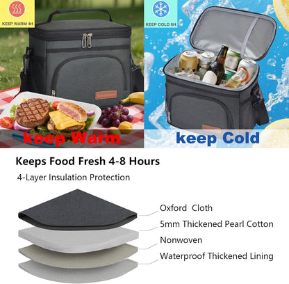 ExtraCharm Insulated Lunch Bag for Women/Men - Reusable Lunch Box for Office Picnic Hiking Beach - Leakproof Cooler Tote Bag Organizer with Adjustable Shoulder Strap for Adults - Black