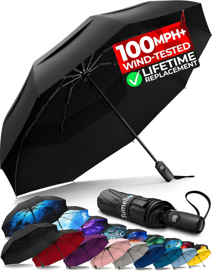 TUMELLA Strongest Windproof Travel Umbrella (Compact, 100MPH Wind-Tested), Light, Portable, One-Handed Use, Automatic Folding Rain Umbrella, Durable, Premium Grip, Fits Car & Backpack
