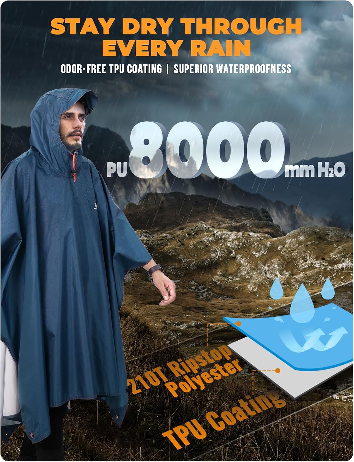 ANYOO Hooded Rain Poncho for Adult Waterproof Lightweight Raincoat