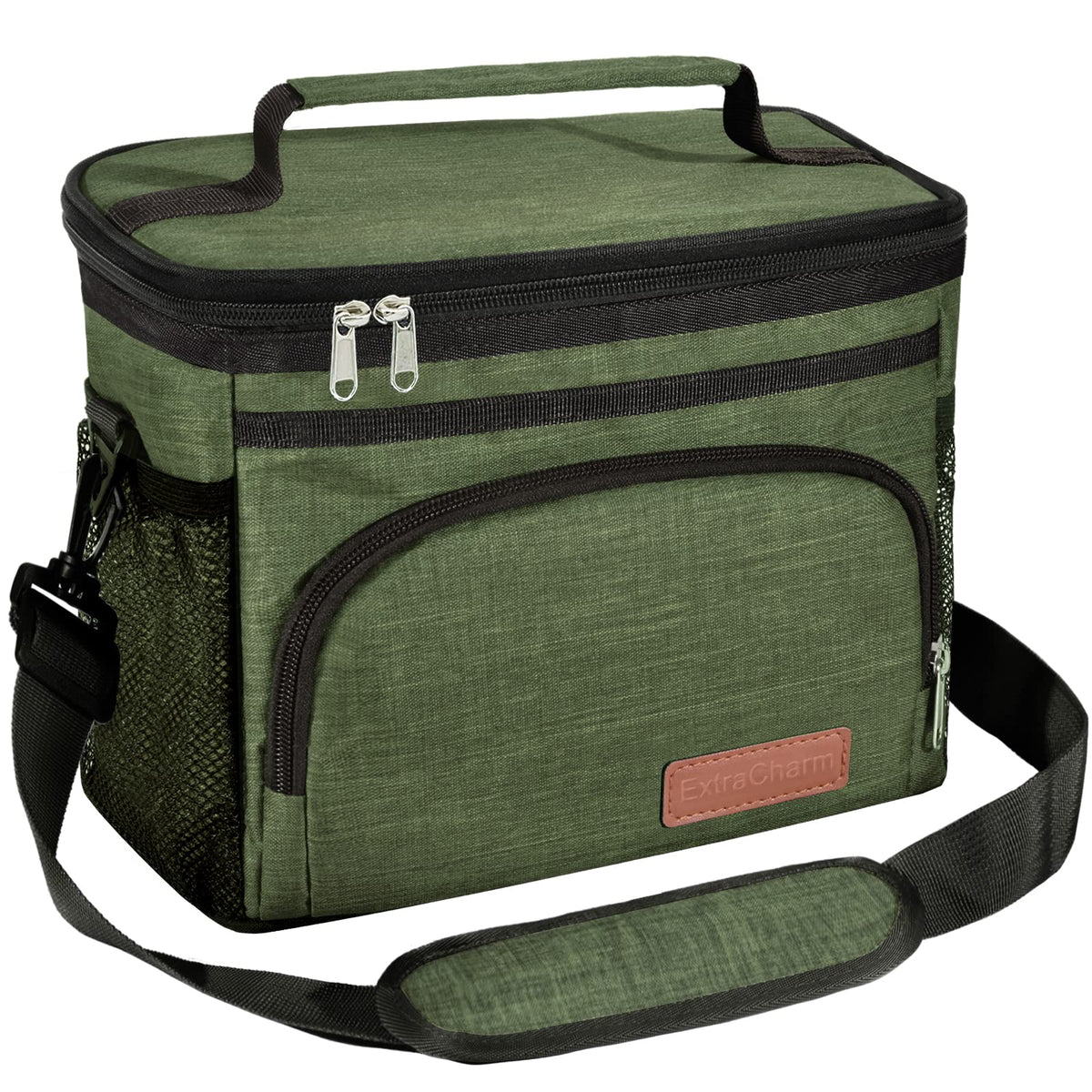 ExtraCharm Insulated Lunch Bag for Women/Men - Reusable Lunch Box for Office Picnic Hiking Beach - Leakproof Cooler Tote Bag Organizer with Adjustable Shoulder Strap for Adults - Black
