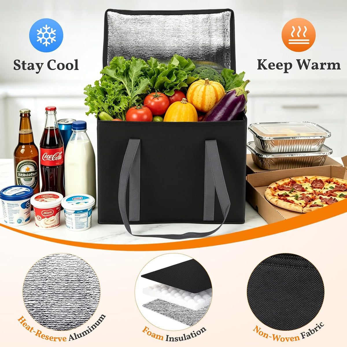 3-Pack XL-Large Insulated Grocery Bags, Soft Cooler Bag with Zipper