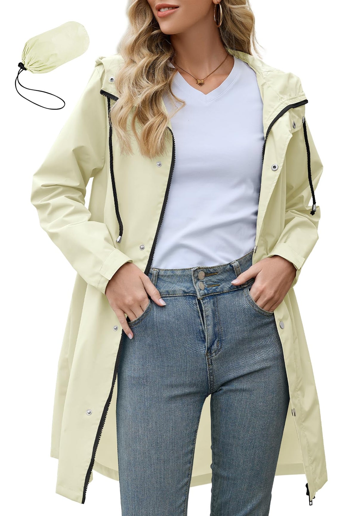 Zando Long Packable Rain Jacket Women Waterproof Raincoat with Hood