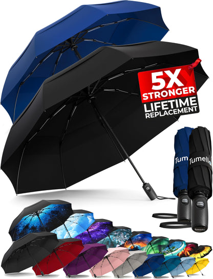 TUMELLA Strongest Windproof Travel Umbrella (Compact, 100MPH Wind-Tested), Light, Portable, One-Handed Use, Automatic Folding Rain Umbrella, Durable, Premium Grip, Fits Car & Backpack