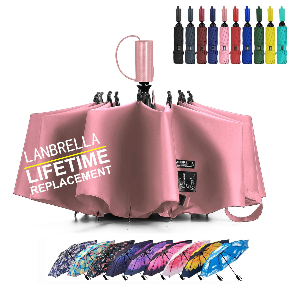 LANBRELLA Compact Reverse Folding Umbrella Auto Windproof Travel Umbrella