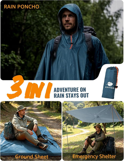 ANYOO Hooded Rain Poncho for Adult Waterproof Lightweight Raincoat