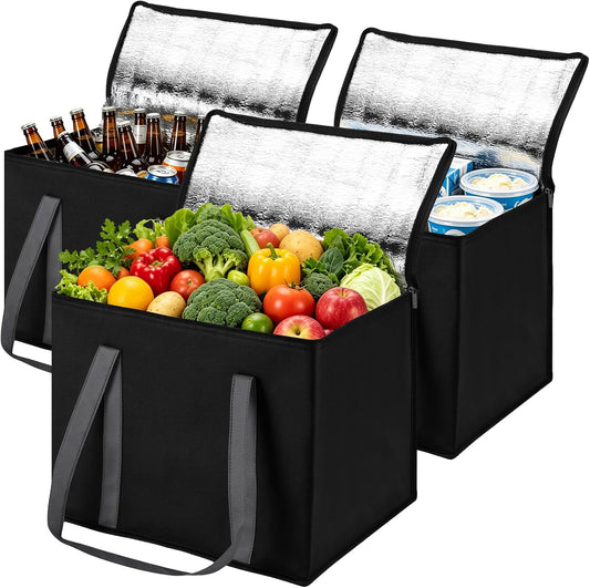 3-Pack XL-Large Insulated Grocery Bags, Soft Cooler Bag with Zipper