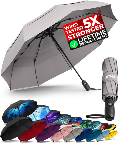 TUMELLA Strongest Windproof Travel Umbrella (Compact, 100MPH Wind-Tested), Light, Portable, One-Handed Use, Automatic Folding Rain Umbrella, Durable, Premium Grip, Fits Car & Backpack