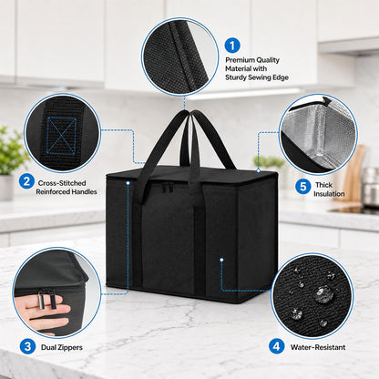 3 Pack Insulated Reusable Grocery Bags, 60LBS Heavy Duty Cooler Tote with Triple Layer Thermal Insulation, Collapsible and Stands Upright for Shopping, Picnic, Delivery