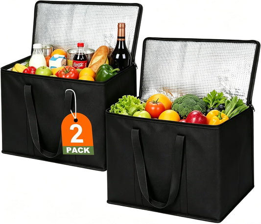 JNYONG 2 Pack Insulated Reusable Grocery Shopping Bags with zippered top