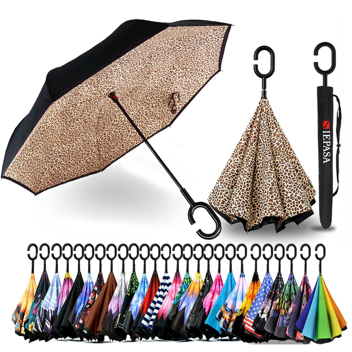 SIEPASA 49/56 Inch Inverted Reverse Upside Down Umbrella, Extra Large Double Canopy Vented Windproof Waterproof Stick Golf Umbrellas with C-shape Handle.