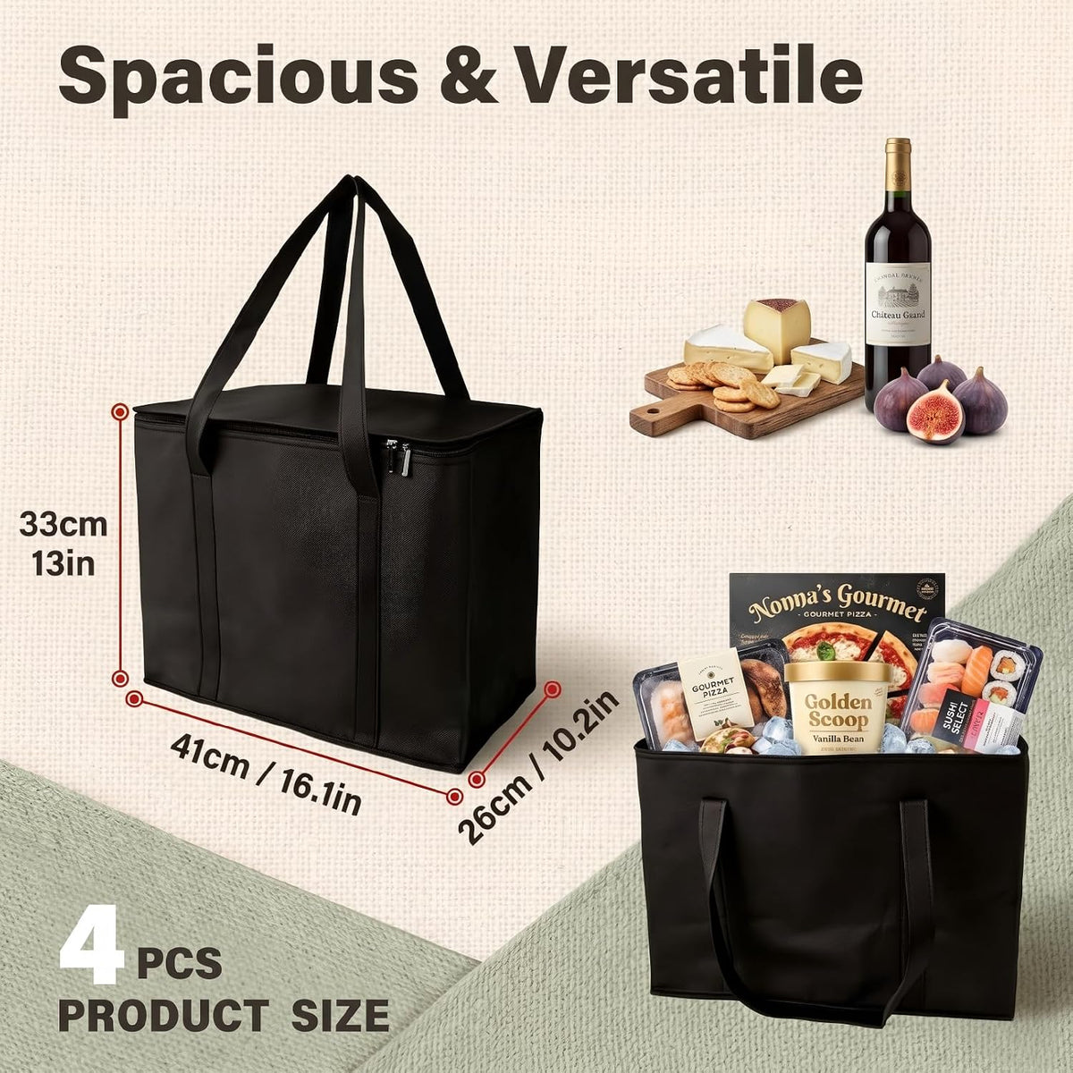 4-Pack Extra Large Insulated Grocery Bags, Collapsible Cooler Bags with Zipper, Multi-Purpose Insulated Tote Bags for Shopping, Camping, Beach, and Trips (16.1" x 10.2" x 13", Black)