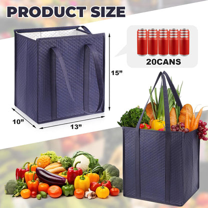 Teenyyou 3 Pcs XL-large Cooler Insulated Reusable Grocery Bags with Zippered Top & Handle—Foldable, Thermal, Cooler Tote Shopping Bags(Navy Blue)