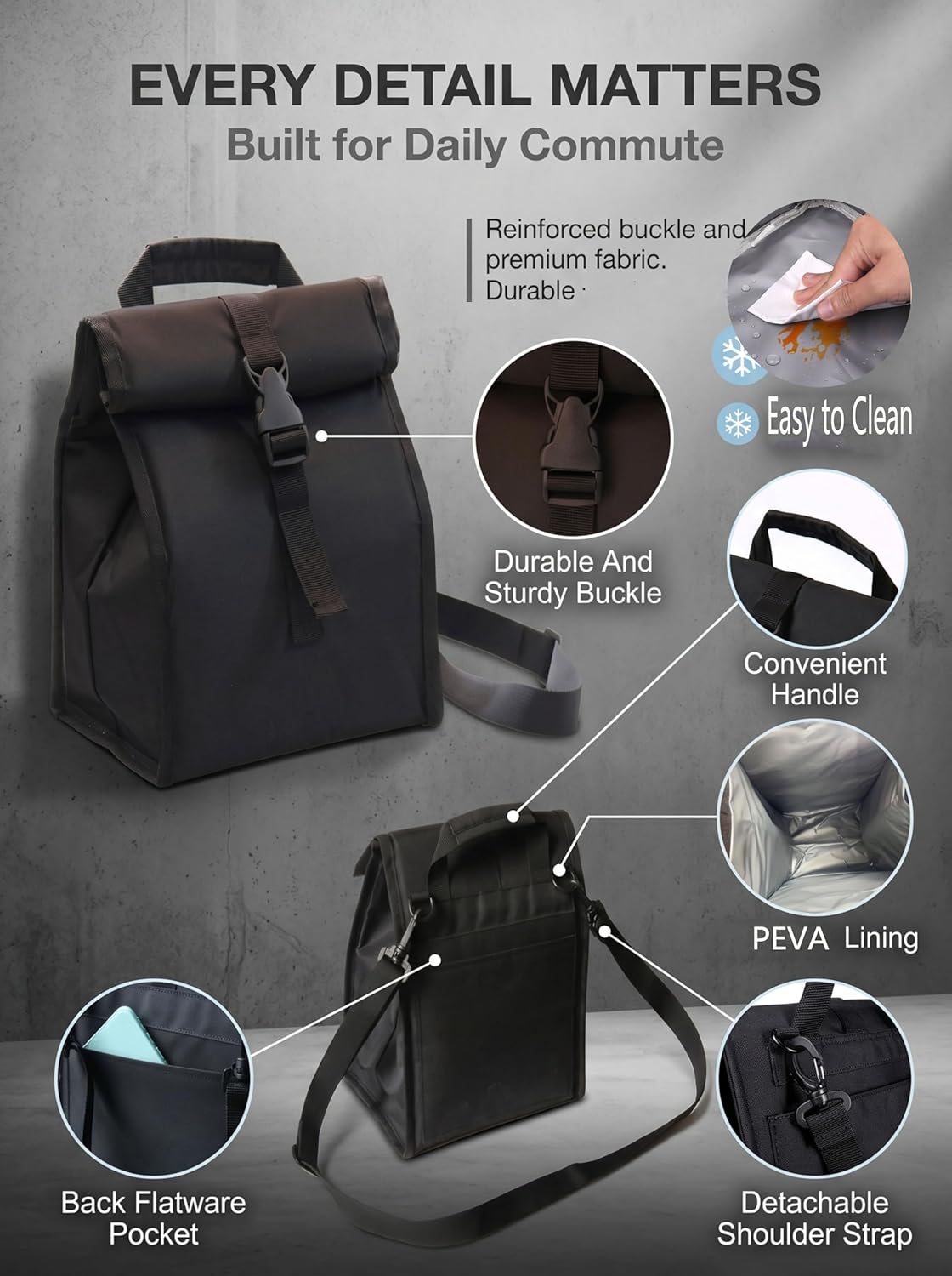 ZM-YOUTOO Insulated Foldable Lunch Bag- Lightweight Portable with Adjustable Shoulder Strap Lunch Box for Men, Women, Office, Work, Picnic, Hiking and Beach