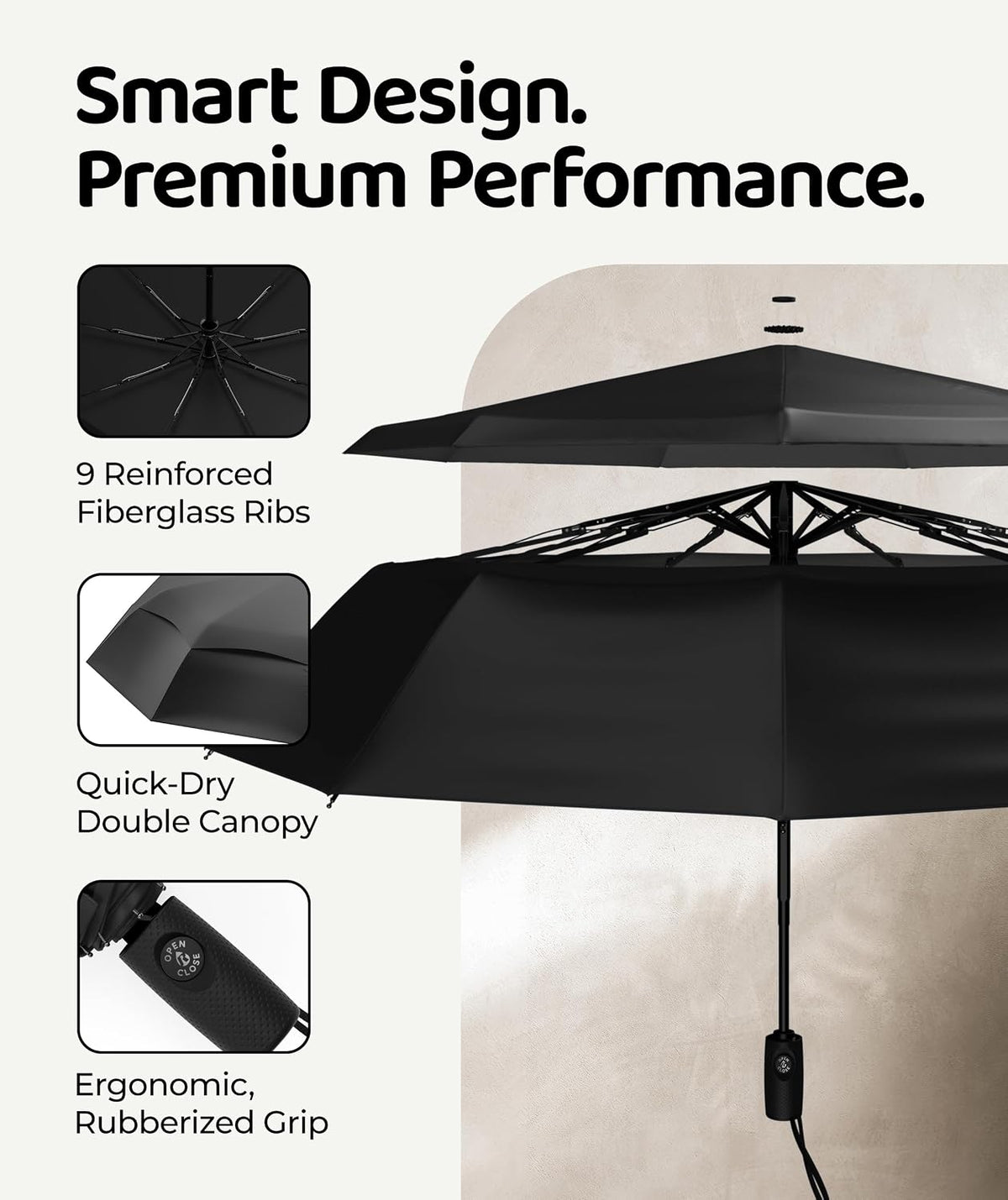 Windproof Travel Umbrella - Compact & Withstands Winds up to 100MPH, Strongest Premium Auto Folding Umbrella for Rain and Sun - Durable, Light & Portable for Women & Men, Fits Backpack & Cars