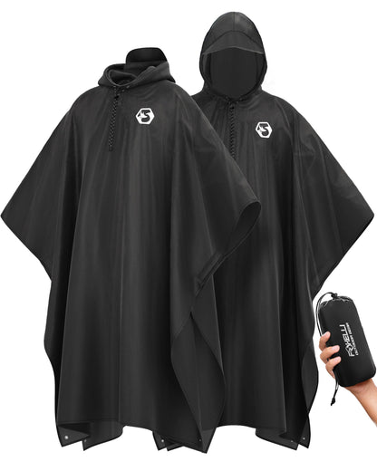 Foxelli Extra Long Rain Poncho for Tall Adults, Reusable Waterproof Hooded
