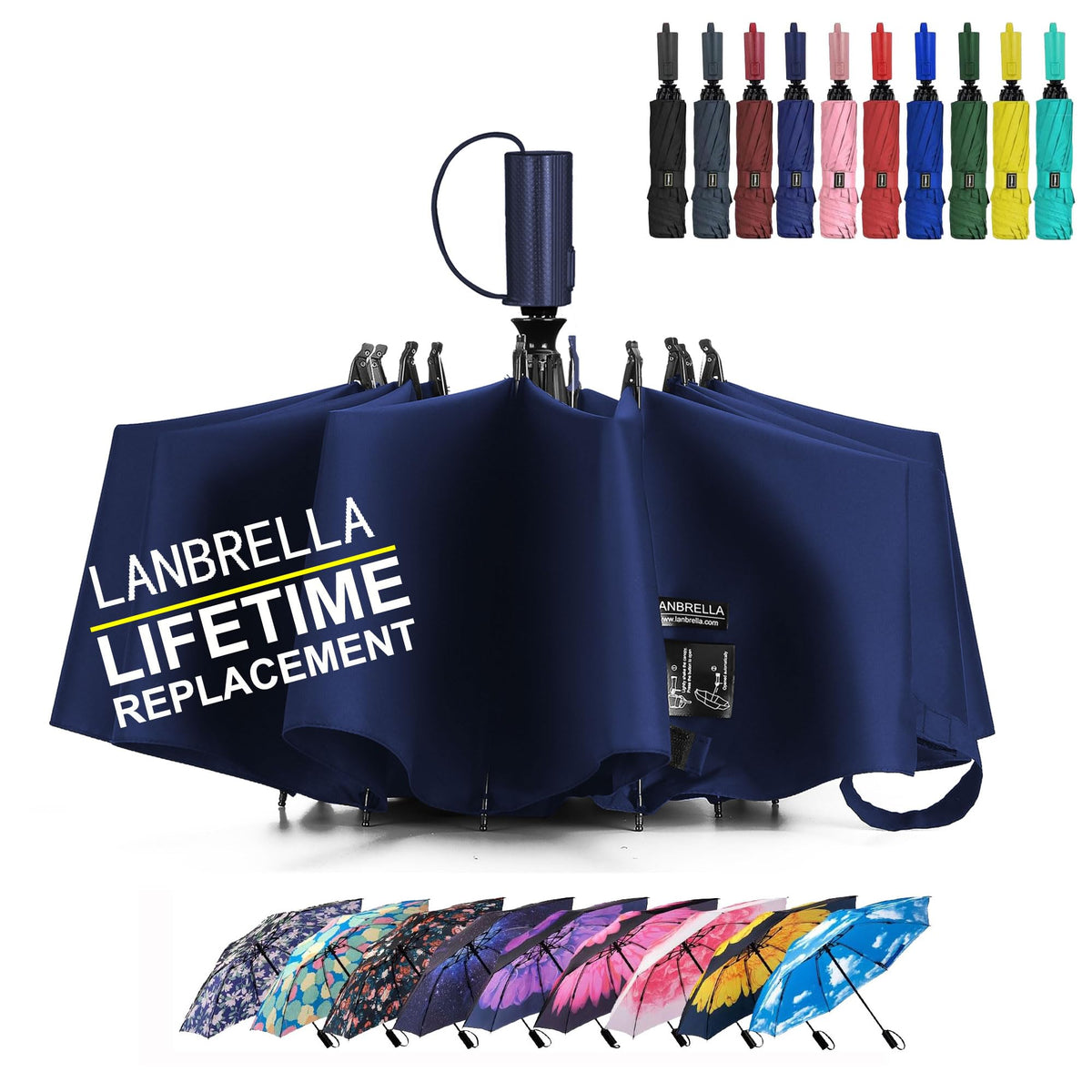 LANBRELLA Compact Reverse Folding Umbrella Auto Windproof Travel Umbrella