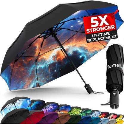 TUMELLA Strongest Windproof Travel Umbrella (Compact, 100MPH Wind-Tested), Light, Portable, One-Handed Use, Automatic Folding Rain Umbrella, Durable, Premium Grip, Fits Car & Backpack