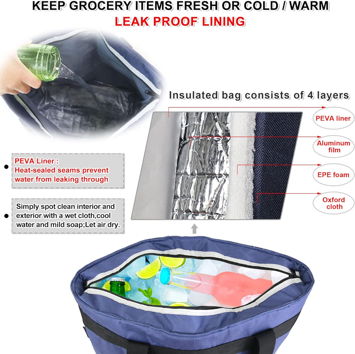 BeeGreen Cooler Bag Soft Insulated Tote for Beach Travel Grocery Shopping Lunch Portable Large Ice Coolers with Handle Hard Freezer Bags with Zippered Top Foldable Leakproof Delivery Totes Navy