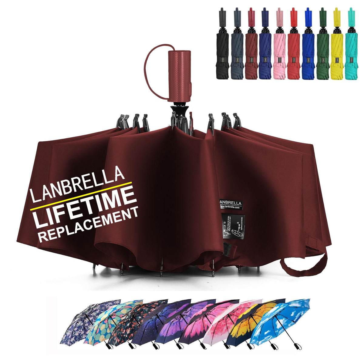 LANBRELLA Compact Reverse Folding Umbrella Auto Windproof Travel Umbrella