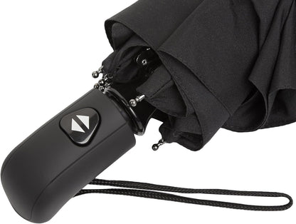 Amazon Basics Round Travel Umbrella with Auto Open/Close Button, Wind-Proof Compact Design, Wind Vent, Strong Alloy Steel Frame, Soft-Grip Handle, Storage Sleeve, 11" When Closed, Black