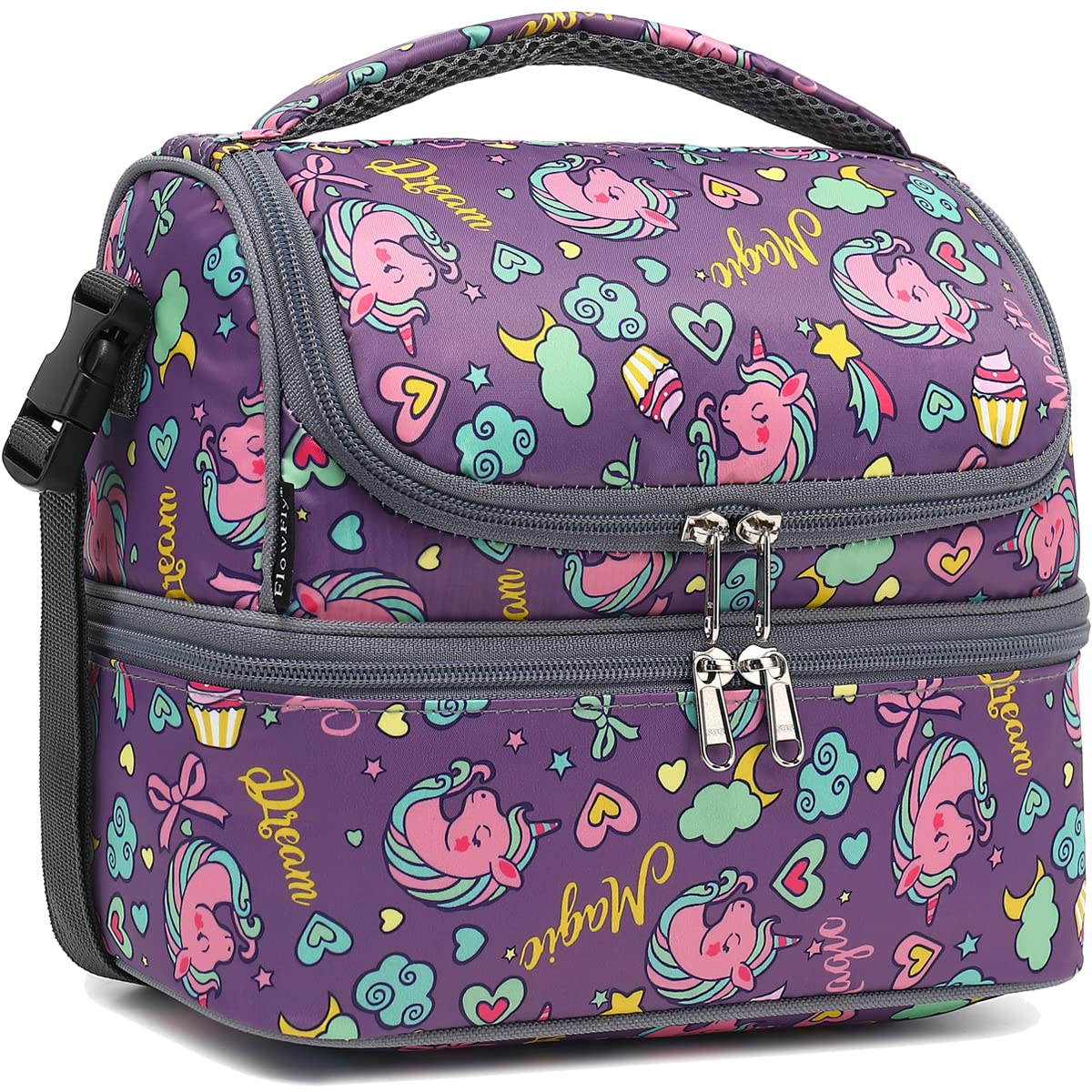 FlowFly Double Decker Cooler Insulated Lunch Bag Large Tote for Boys, Girls, Men, Women, With Adjustable Strap,Black