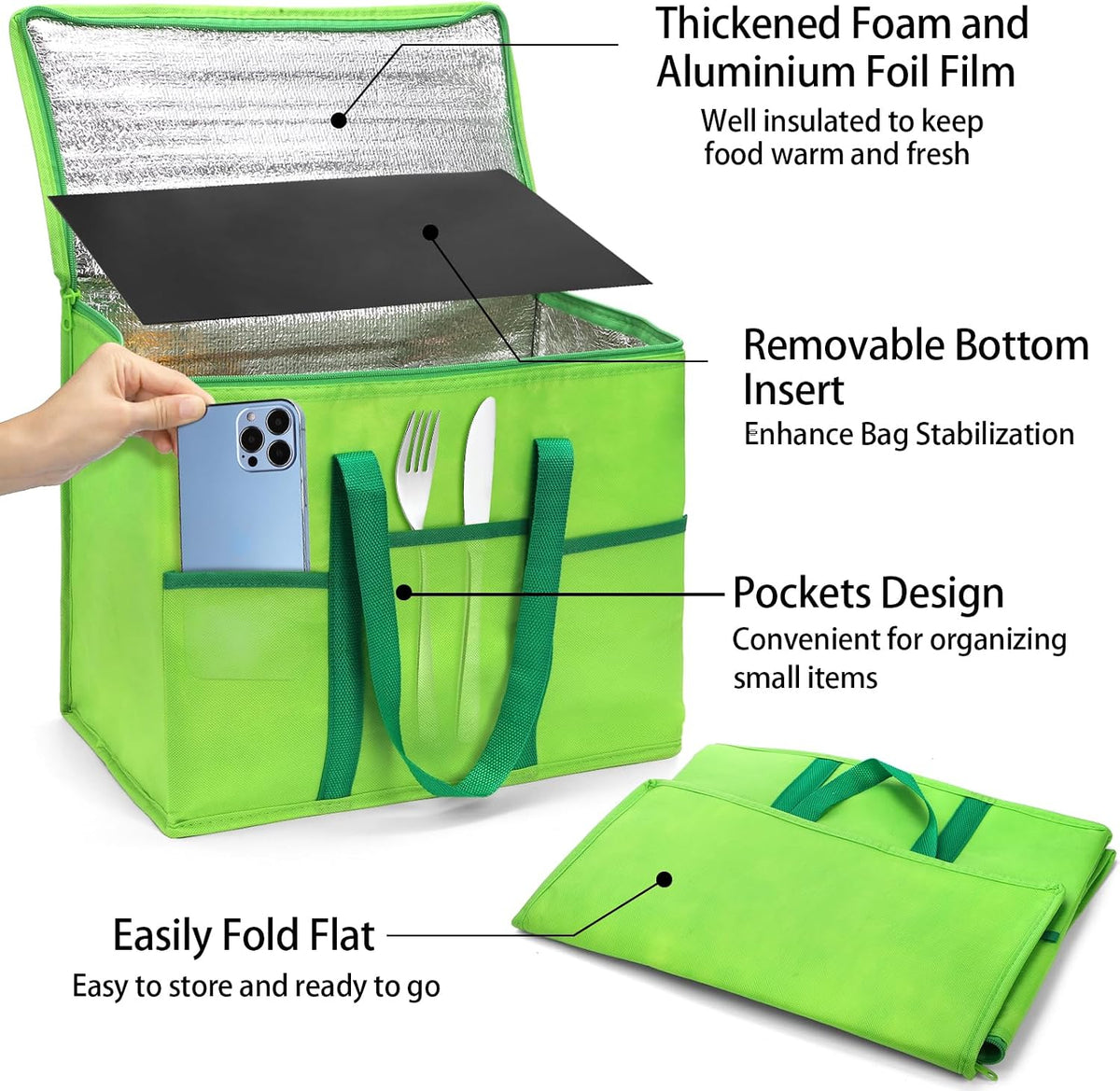 Foraineam 4 Pack Insulated Reusable Grocery Shopping Bags, Foldable Cooler Bag Food Delivery Bags with Hard Bottom Insert and Zippered Top, Stands Upright, Cooler Totes for Hot or Cold Food Transport